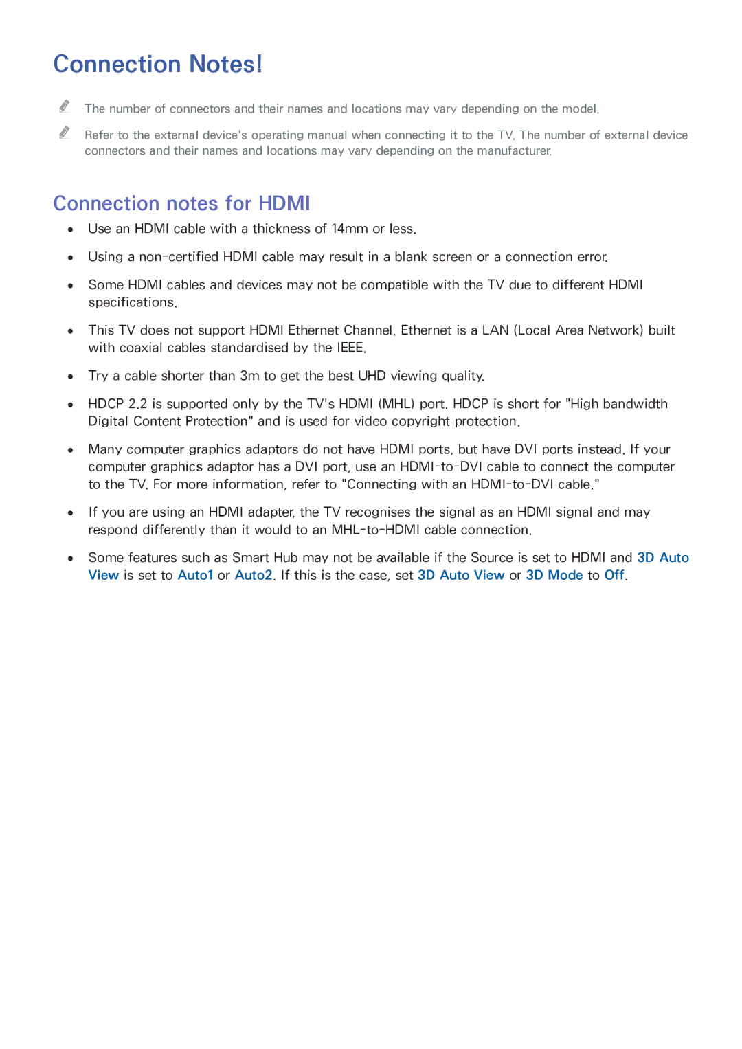 Samsung UE78JS9500LXXH, UE55JS9090QXZG, UE78JS9590QXZG, UE65JS9590QXZG manual Connection Notes, Connection notes for Hdmi 