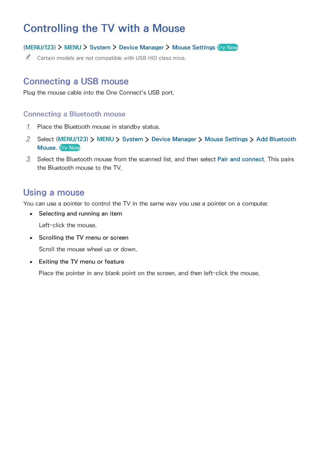 Samsung UE65JS9002TXXH, UE55JS9090QXZG, UE82S9WAQXZG Controlling the TV with a Mouse, Connecting a USB mouse, Using a mouse 