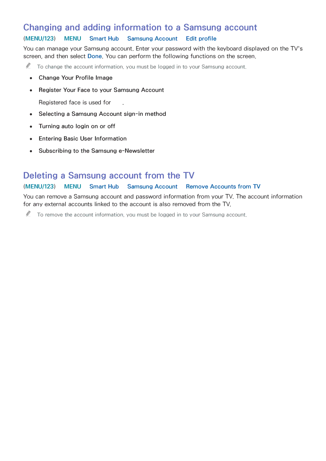 Samsung UE48JS9005QXXE manual Changing and adding information to a Samsung account, Deleting a Samsung account from the TV 