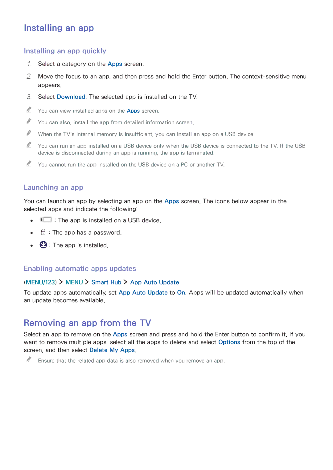 Samsung UE78JS9580QXZG, UE55JS9090QXZG manual Removing an app from the TV, Installing an app quickly, Launching an app 