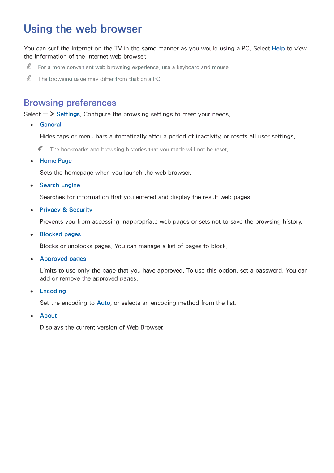 Samsung UE88JS9505QXXE, UE55JS9090QXZG, UE78JS9590QXZG, UE65JS9590QXZG manual Using the web browser, Browsing preferences 