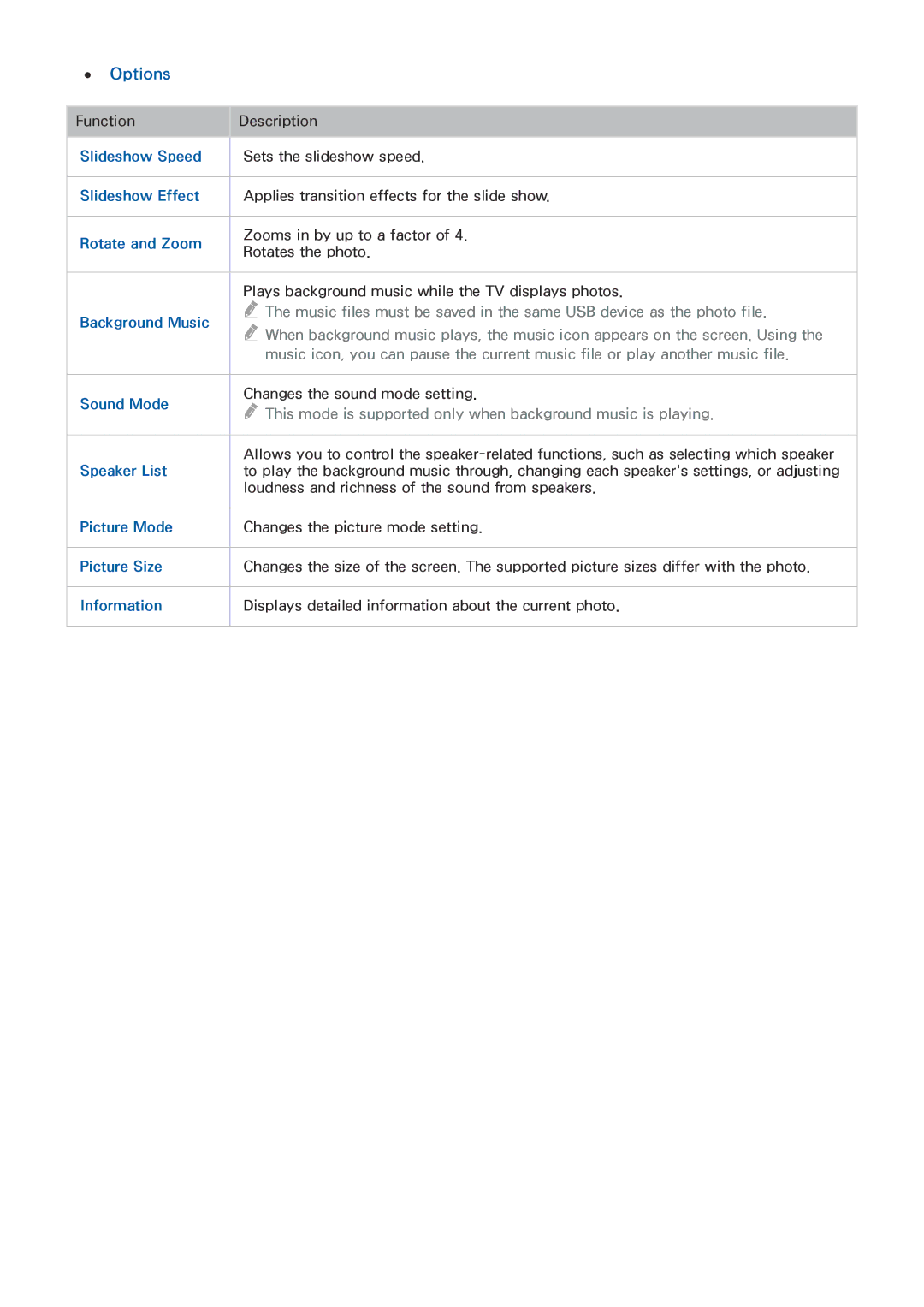 Samsung UE55JS9005QXXE manual Slideshow Speed, Slideshow Effect, Rotate and Zoom, Background Music, Sound Mode, Information 