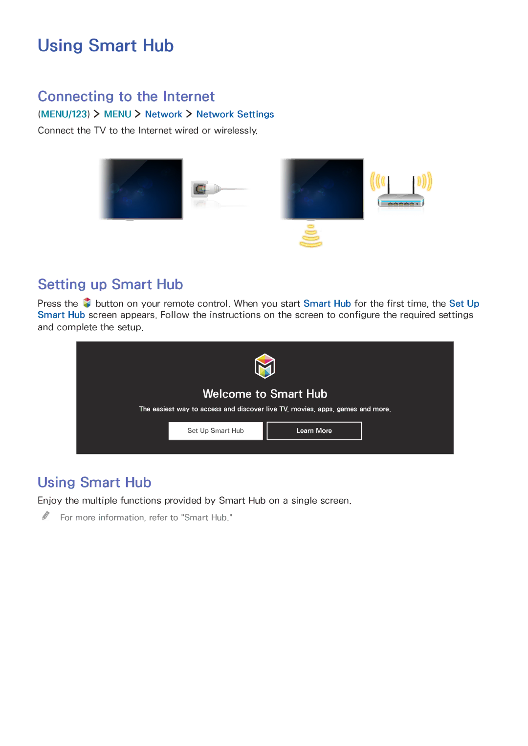 Samsung UE65JS9000LXXH, UE55JS9090QXZG, UE78JS9590QXZG Using Smart Hub, Connecting to the Internet, Setting up Smart Hub 