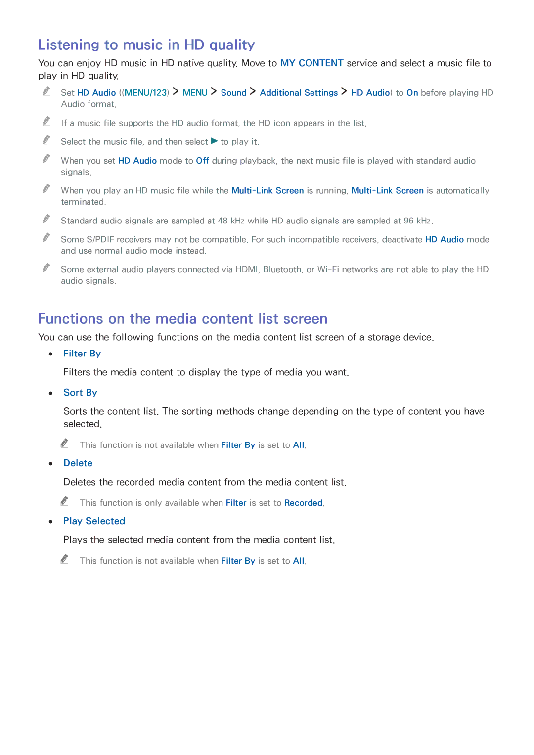 Samsung UA65JS9000KXSQ, UE55JS9090QXZG manual Listening to music in HD quality, Functions on the media content list screen 