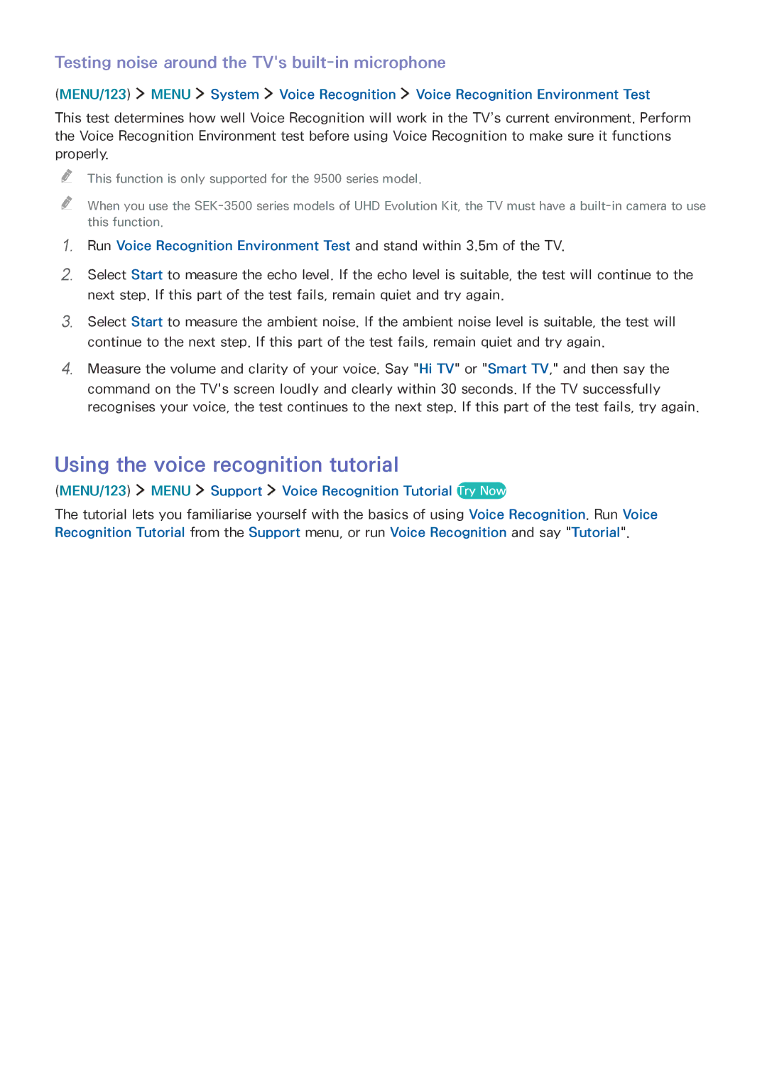 Samsung UE88JS9500TXRU manual Using the voice recognition tutorial, Testing noise around the TVs built-in microphone 