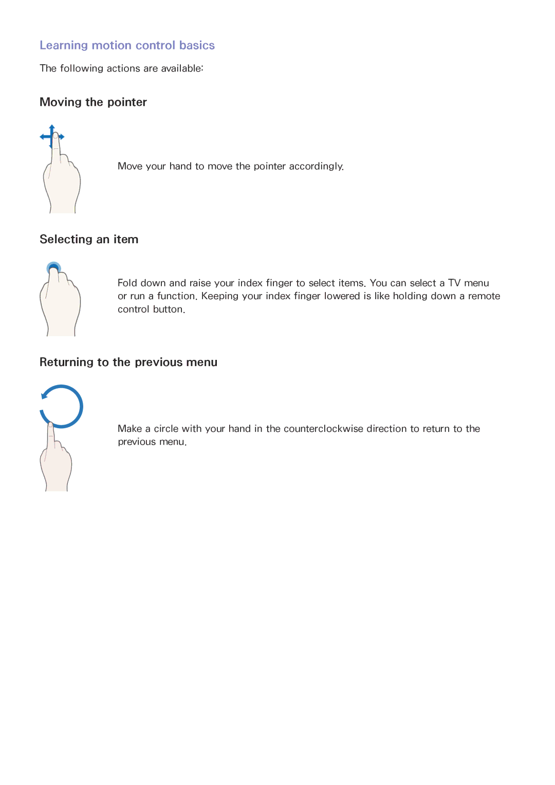 Samsung UE78JS9590QXZG, UE55JS9090QXZG, UE65JS9590QXZG manual Learning motion control basics, Following actions are available 