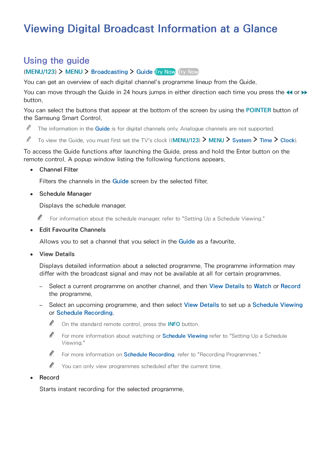 Samsung UE65JS9000LXXH manual Viewing Digital Broadcast Information at a Glance, Using the guide, Or Schedule Recording 