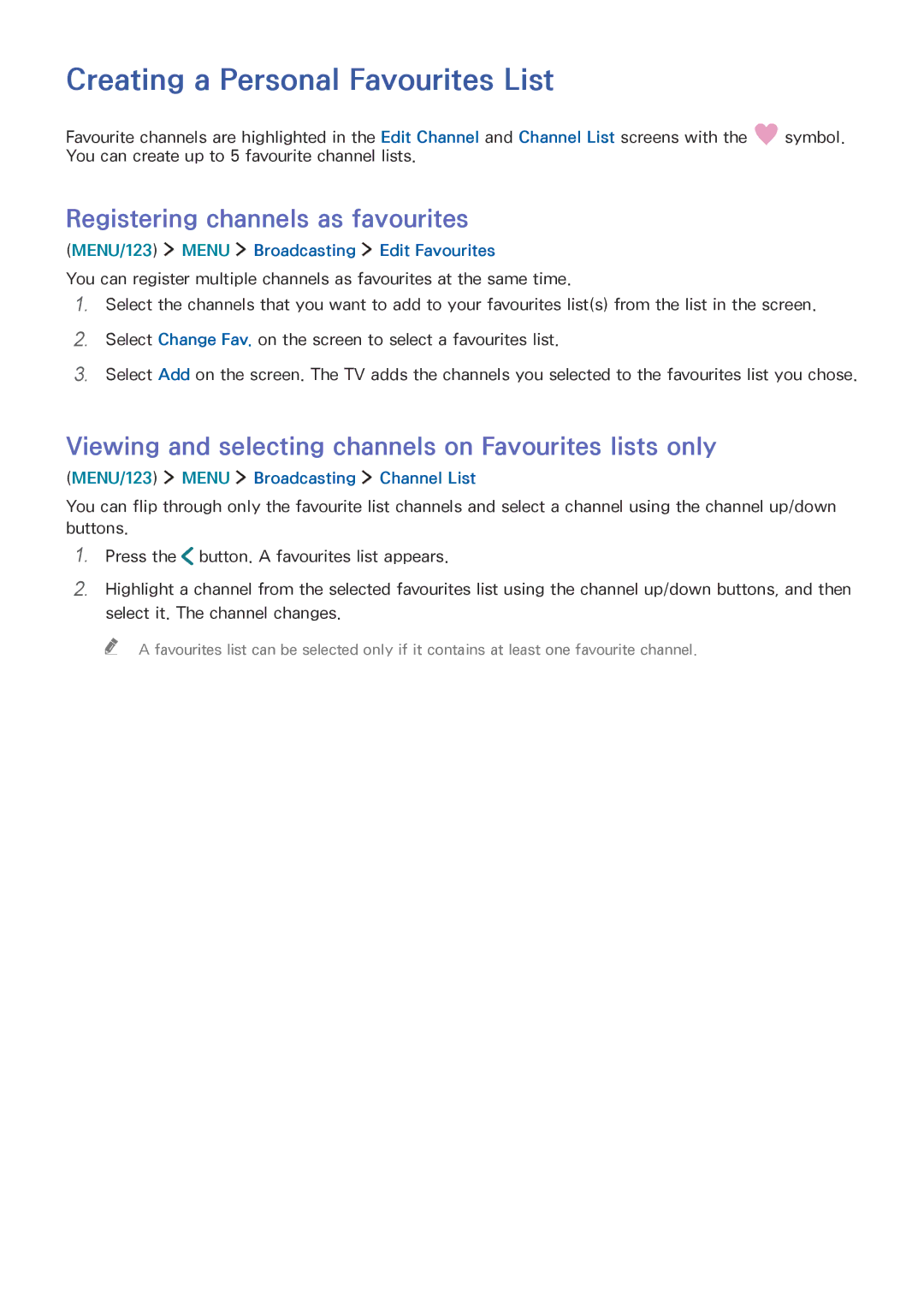 Samsung UE65JS9500TXZF, UE55JS9090QXZG manual Creating a Personal Favourites List, Registering channels as favourites 