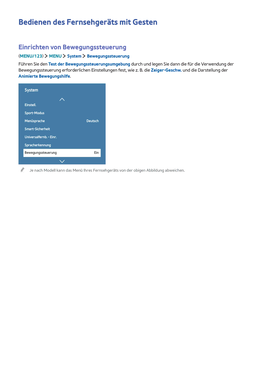 Samsung UE55JS9000TXTK, UE55JS9090QXZG manual Bedienen des Fernsehgeräts mit Gesten, Einrichten von Bewegungssteuerung 