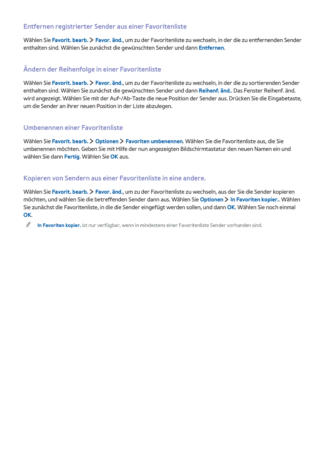 Samsung UE78JS9500TXTK manual Entfernen registrierter Sender aus einer Favoritenliste, Umbenennen einer Favoritenliste 
