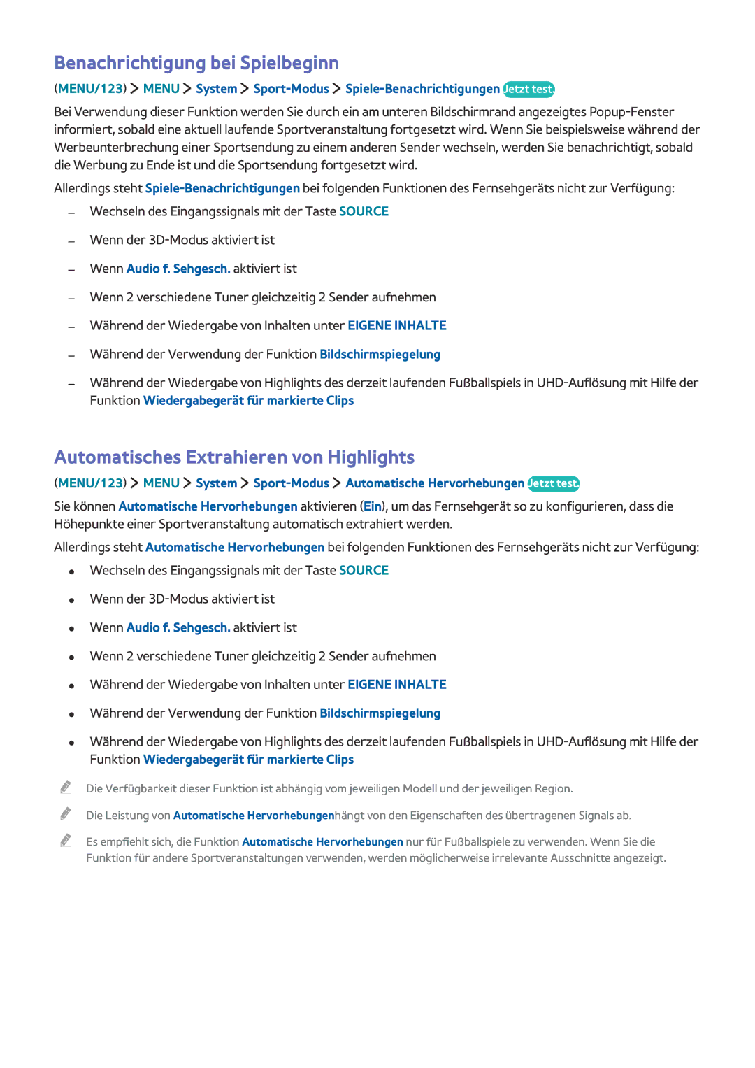 Samsung UE88JS9590QXZG, UE55JS9090QXZG manual Benachrichtigung bei Spielbeginn, Automatisches Extrahieren von Highlights 