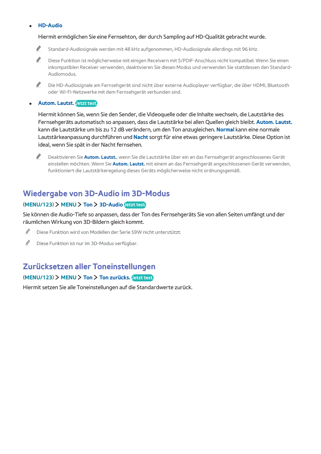Samsung UE65JS9090QXZG, UE55JS9090QXZG manual Wiedergabe von 3D-Audio im 3D-Modus, Zurücksetzen aller Toneinstellungen 