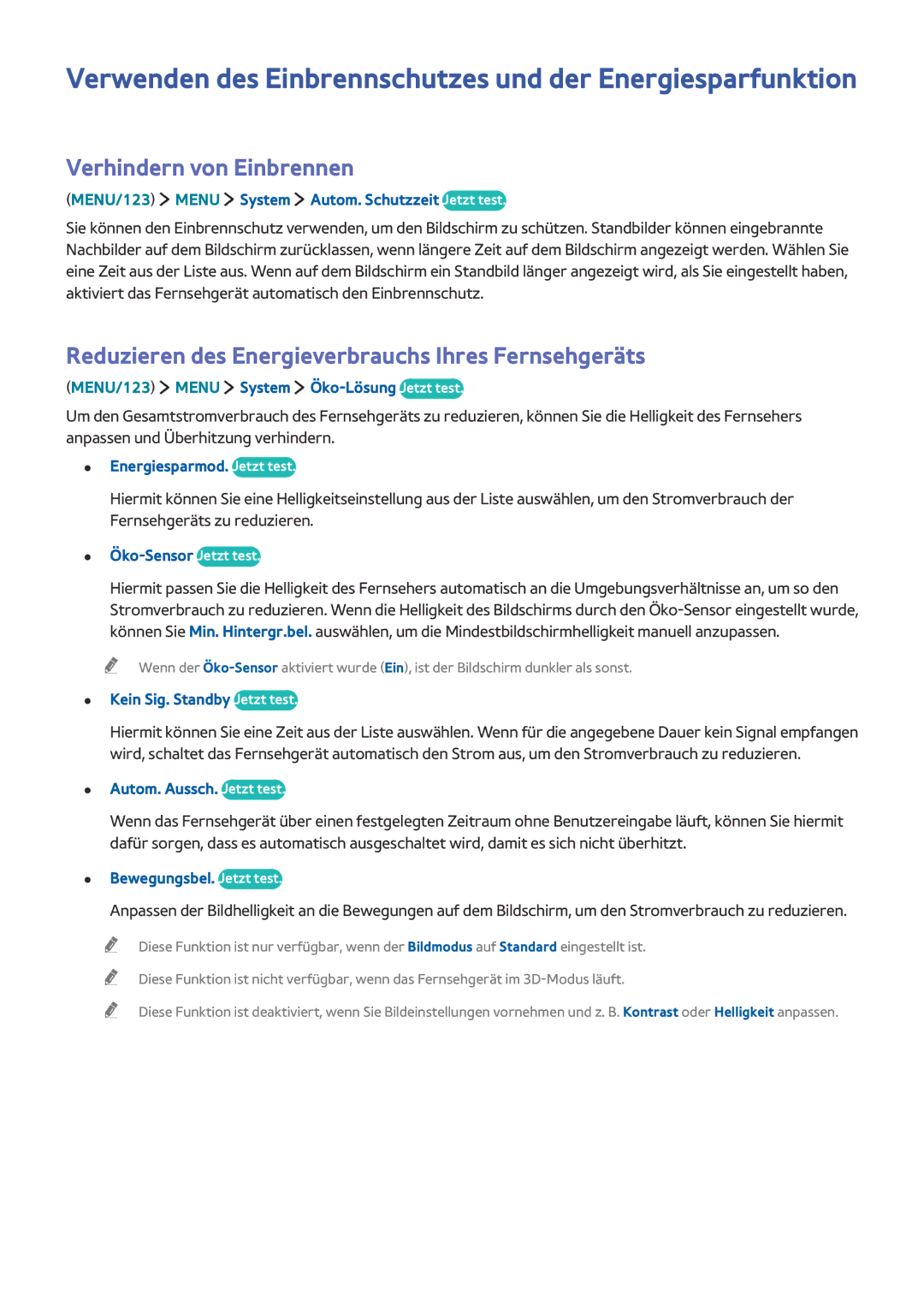 Samsung UE78JS9500TXZF, UE82S9WAQXZG Verwenden des Einbrennschutzes und der Energiesparfunktion, Verhindern von Einbrennen 