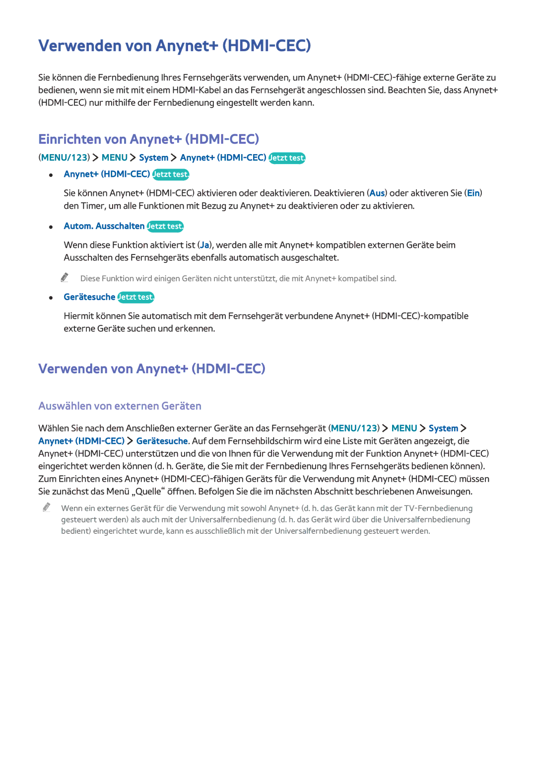 Samsung UE55JS9090QXZG Verwenden von Anynet+ HDMI-CEC, Einrichten von Anynet+ HDMI-CEC, Auswählen von externen Geräten 