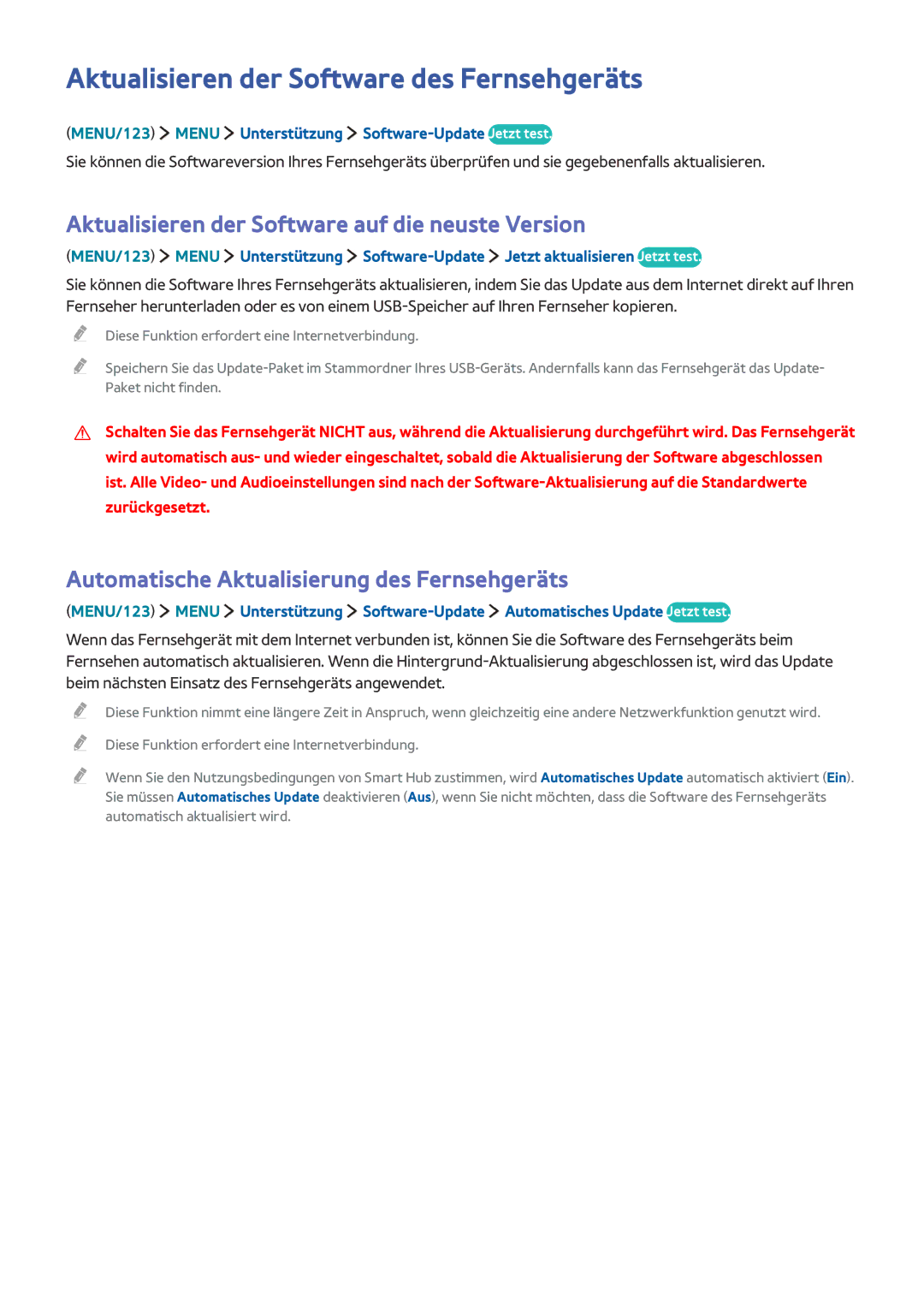 Samsung UE65JS9590QXZG Aktualisieren der Software des Fernsehgeräts, Aktualisieren der Software auf die neuste Version 