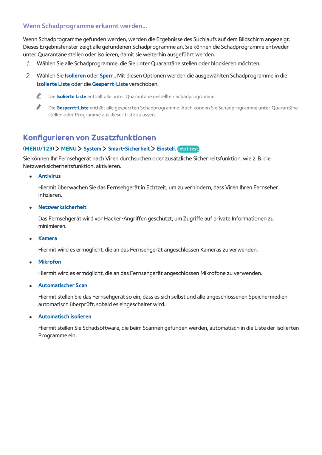 Samsung UE65JS9080QXZG, UE55JS9090QXZG, UE82S9WAQXZG Konfigurieren von Zusatzfunktionen, Wenn Schadprogramme erkannt werden 