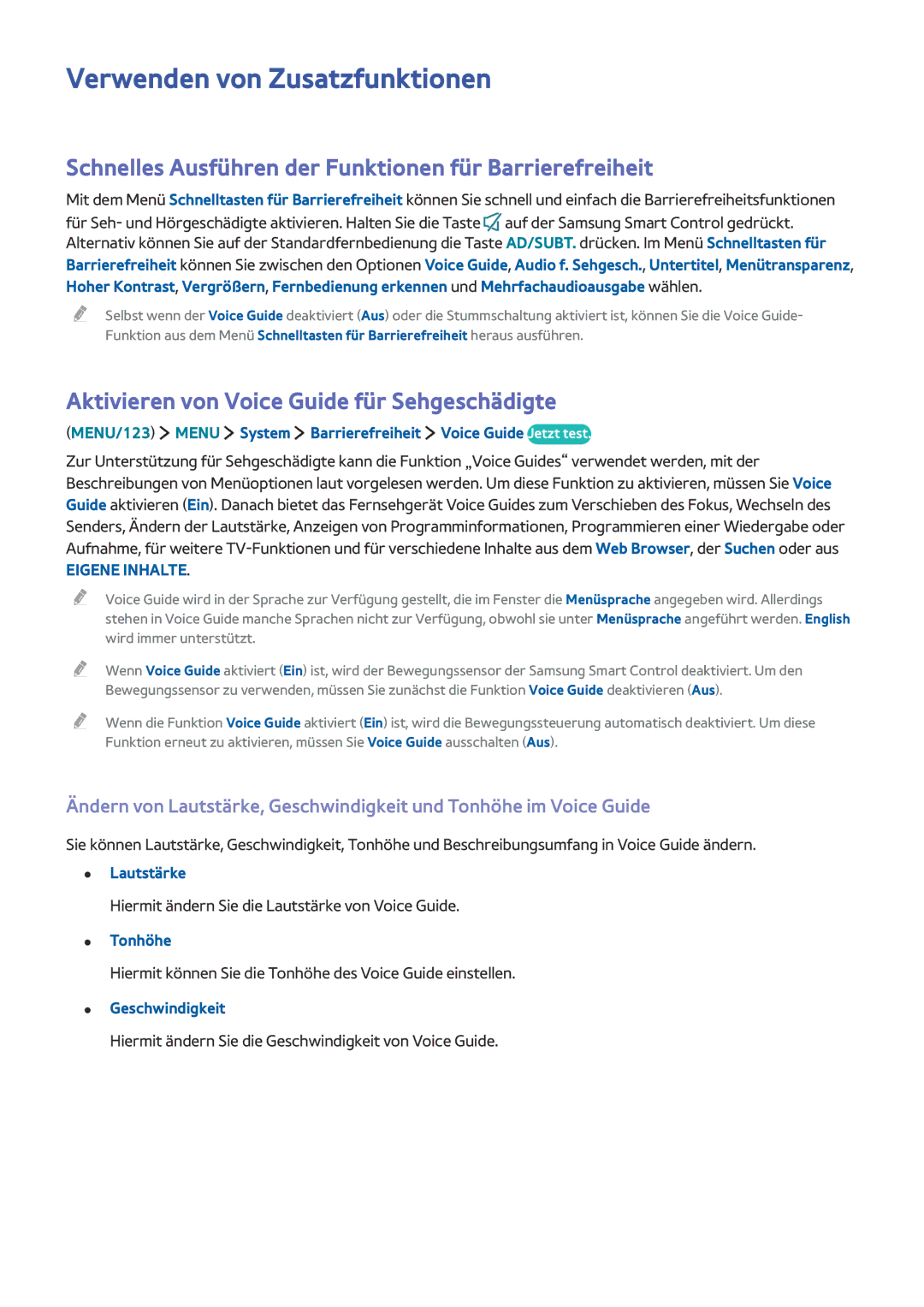 Samsung UE65JS9000TXXC Verwenden von Zusatzfunktionen, Schnelles Ausführen der Funktionen für Barrierefreiheit, Tonhöhe 