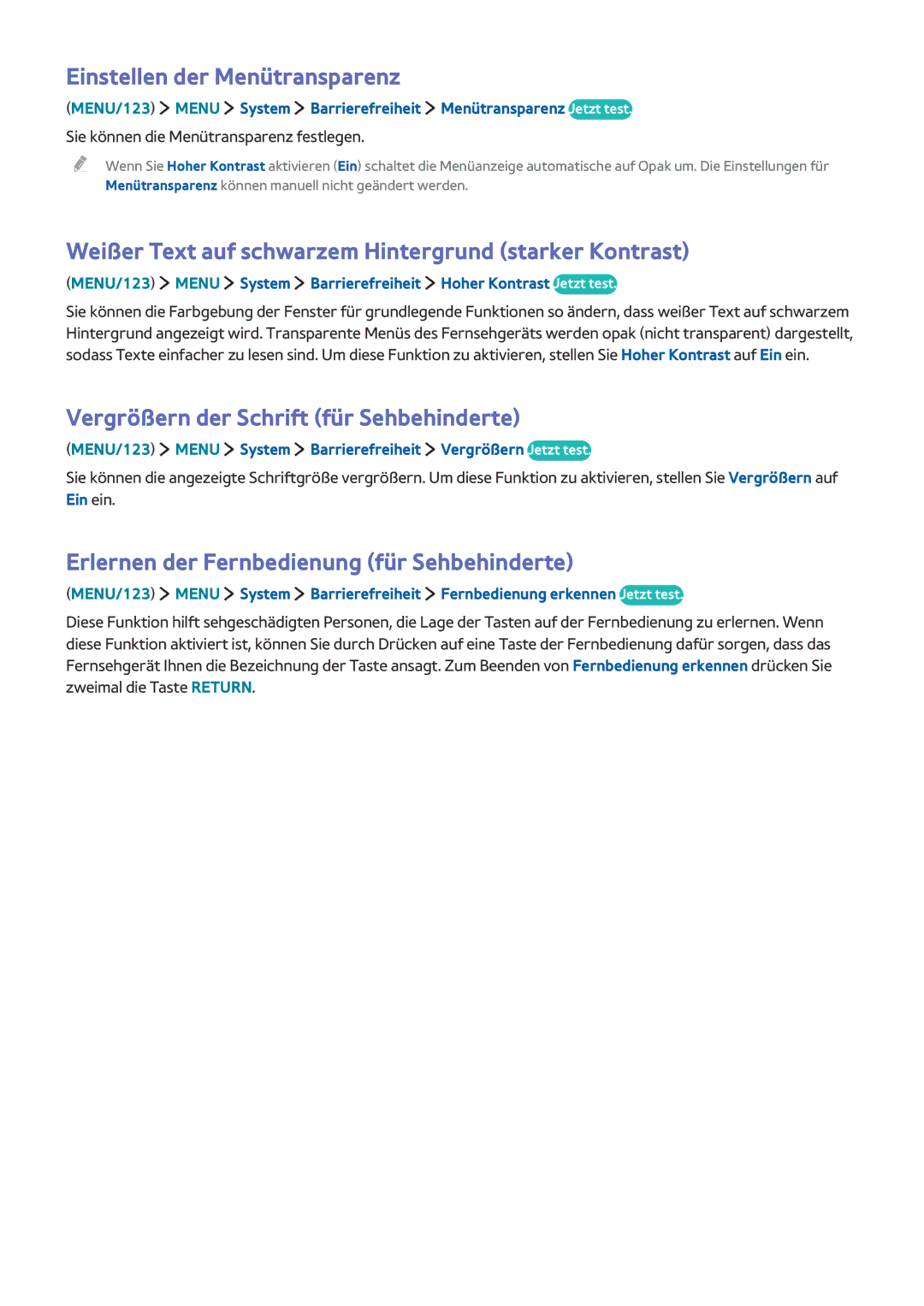 Samsung UE55JS9080QXZG manual Einstellen der Menütransparenz, Weißer Text auf schwarzem Hintergrund starker Kontrast 