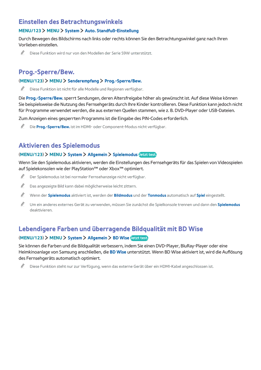Samsung UE82S9WAQXZG, UE55JS9090QXZG manual Einstellen des Betrachtungswinkels, Prog.-Sperre/Bew, Aktivieren des Spielemodus 