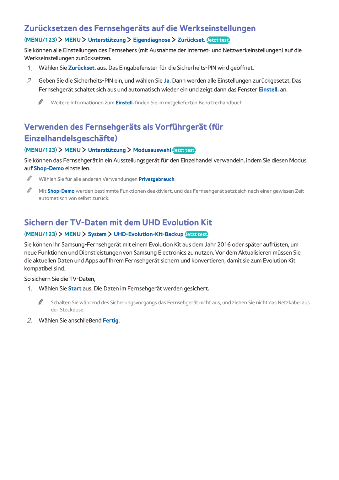 Samsung UE88JS9590QXZG manual Zurücksetzen des Fernsehgeräts auf die Werkseinstellungen, Wählen Sie anschließend Fertig 