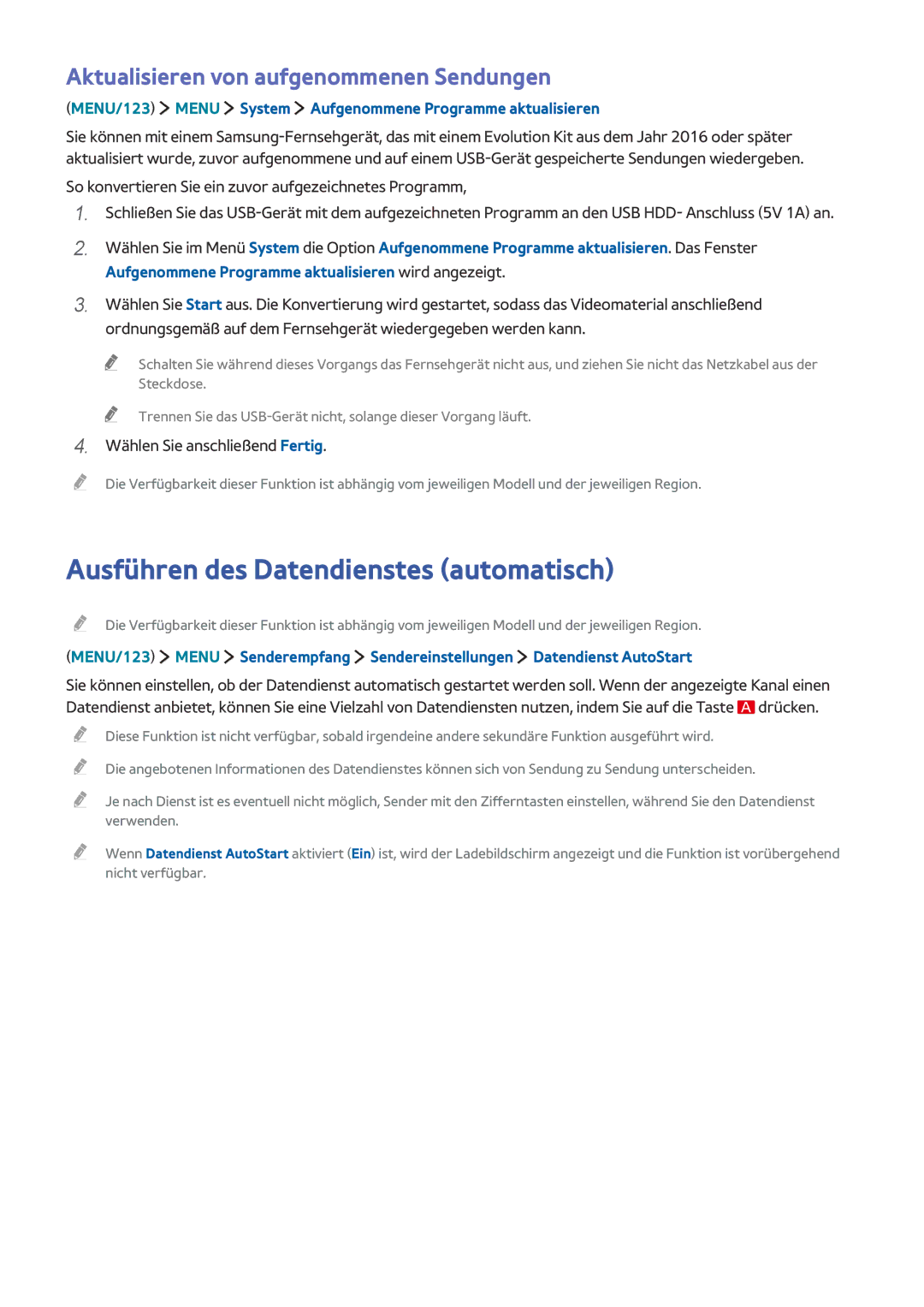 Samsung UE65JS9580QXZG, UE55JS9090QXZG Ausführen des Datendienstes automatisch, Aktualisieren von aufgenommenen Sendungen 