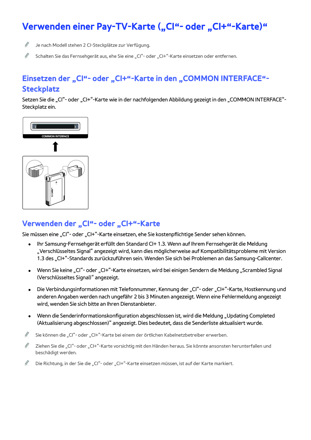 Samsung UE48JS9000LXXH, UE82S9WAQXZG Verwenden einer Pay-TV-Karte „CI- oder „CI+-Karte, Verwenden der „CI- oder „CI+-Karte 