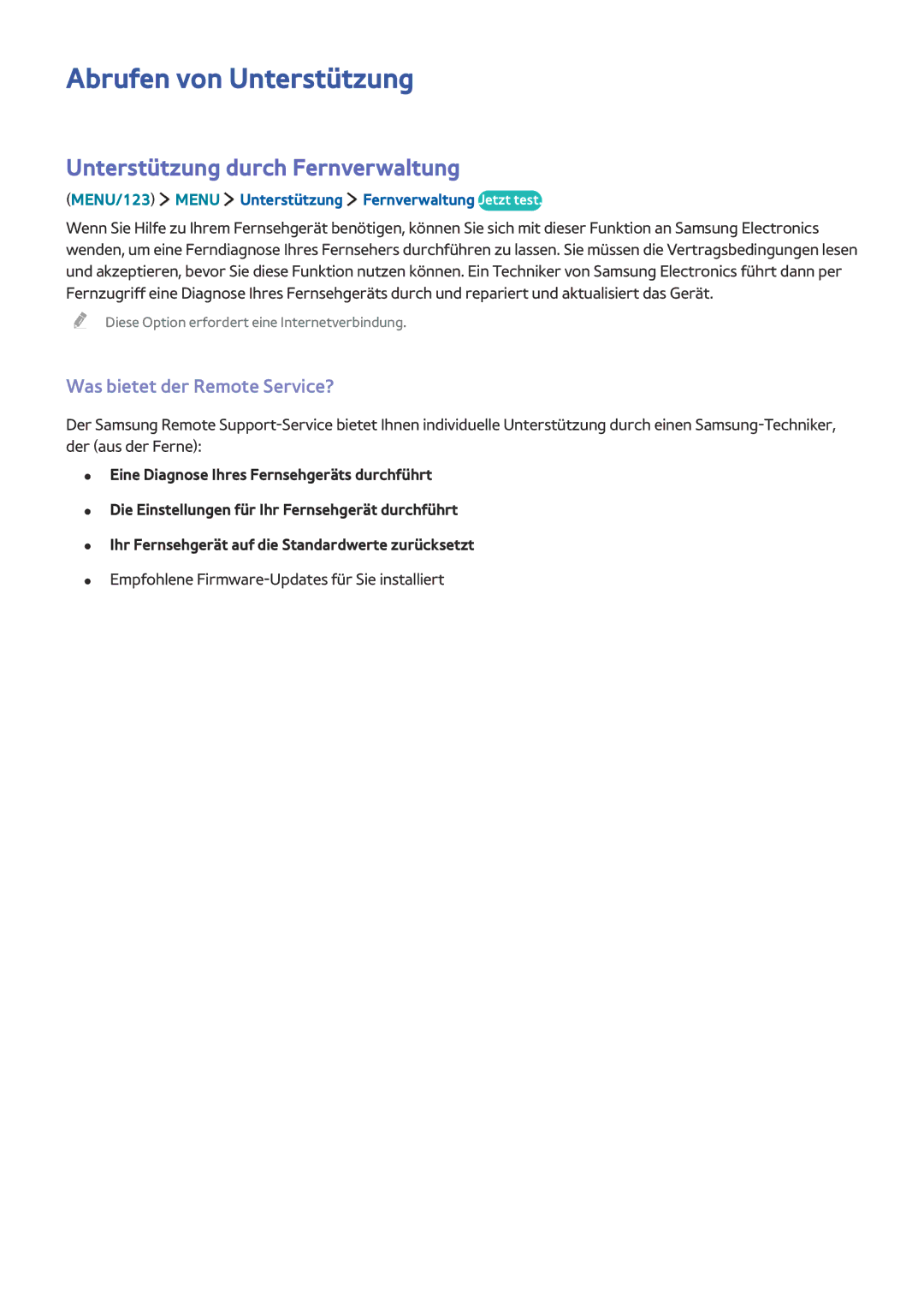 Samsung UE65JS9090QXZG manual Abrufen von Unterstützung, Unterstützung durch Fernverwaltung, Was bietet der Remote Service? 