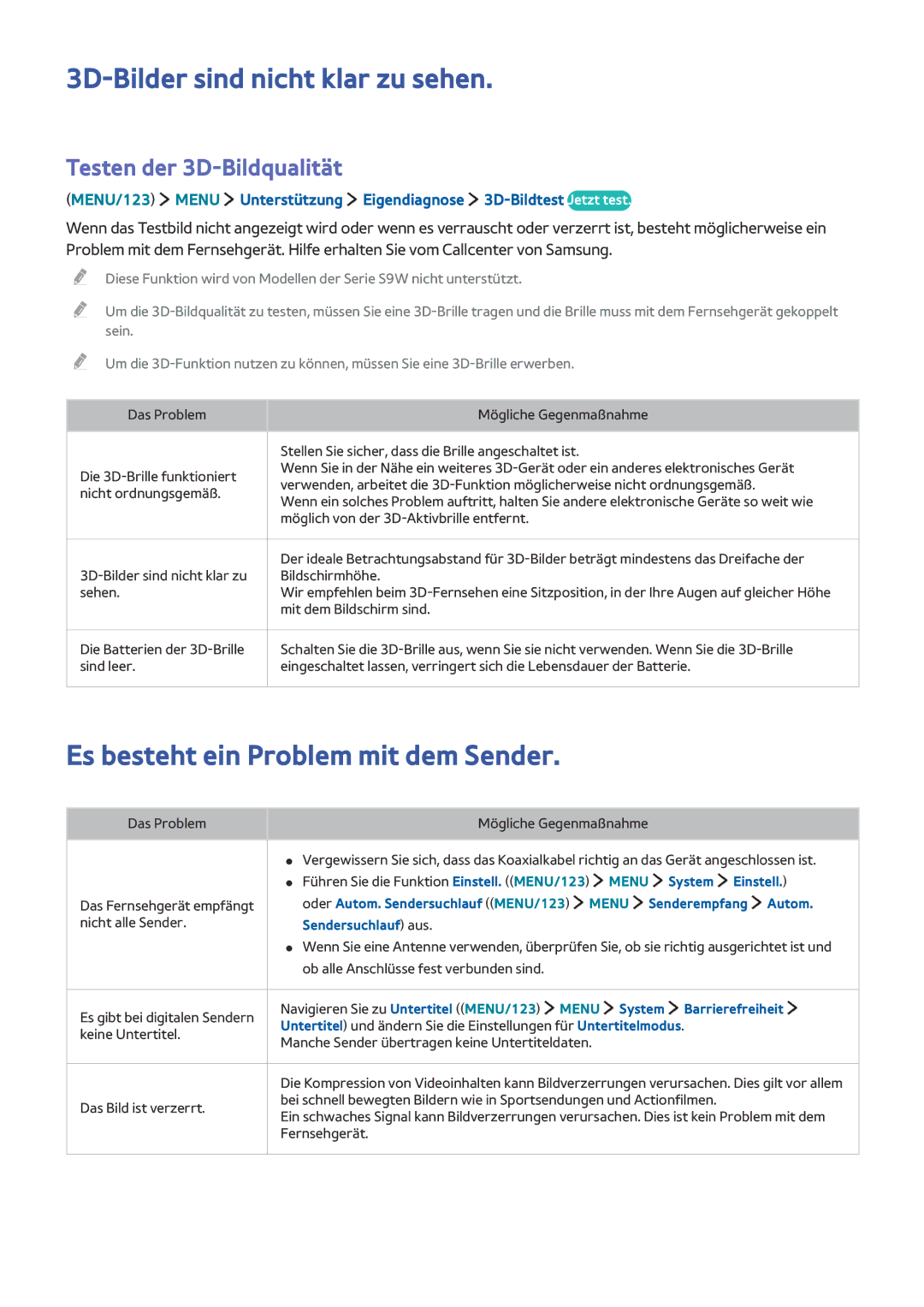 Samsung UE78JS9500TXZF manual 3D-Bilder sind nicht klar zu sehen, Es besteht ein Problem mit dem Sender, Sendersuchlauf aus 