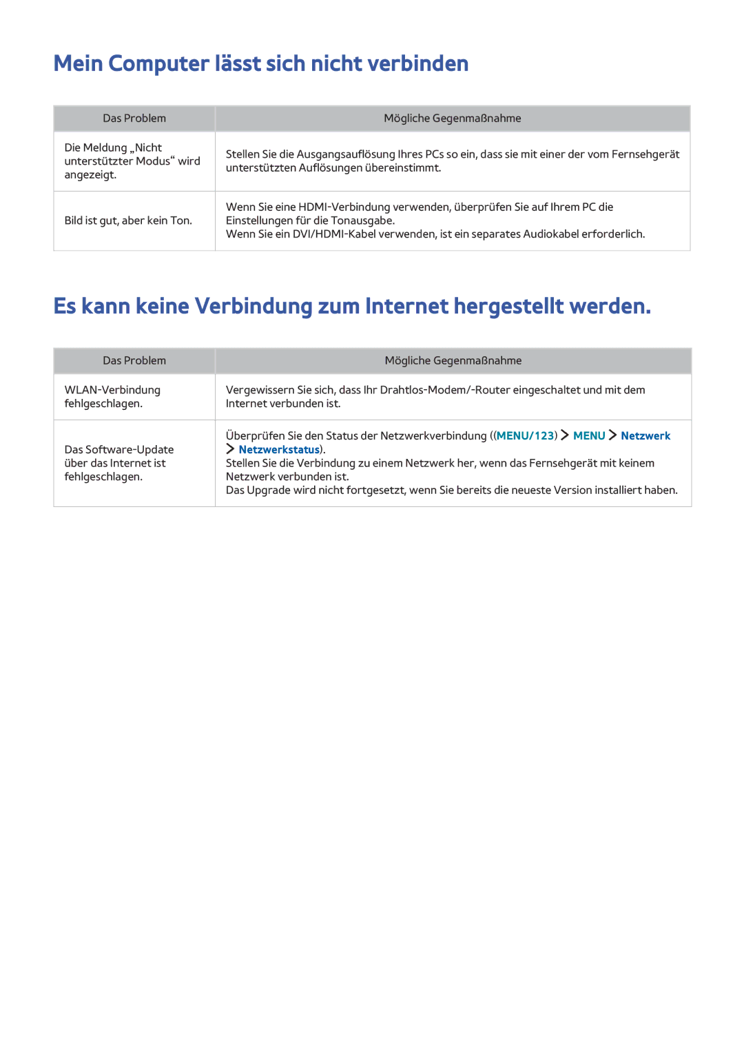 Samsung UE55JS9090QXZG Mein Computer lässt sich nicht verbinden, Es kann keine Verbindung zum Internet hergestellt werden 