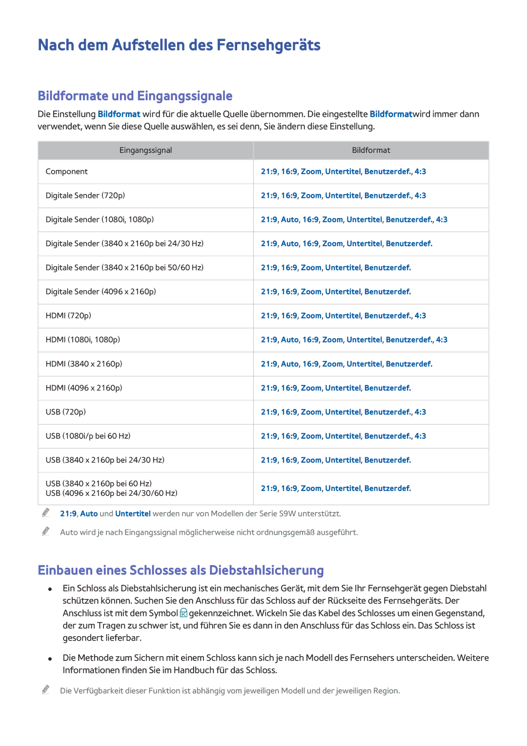 Samsung UE65JS9080QXZG, UE55JS9090QXZG, UE82S9WAQXZG Nach dem Aufstellen des Fernsehgeräts, Bildformate und Eingangssignale 