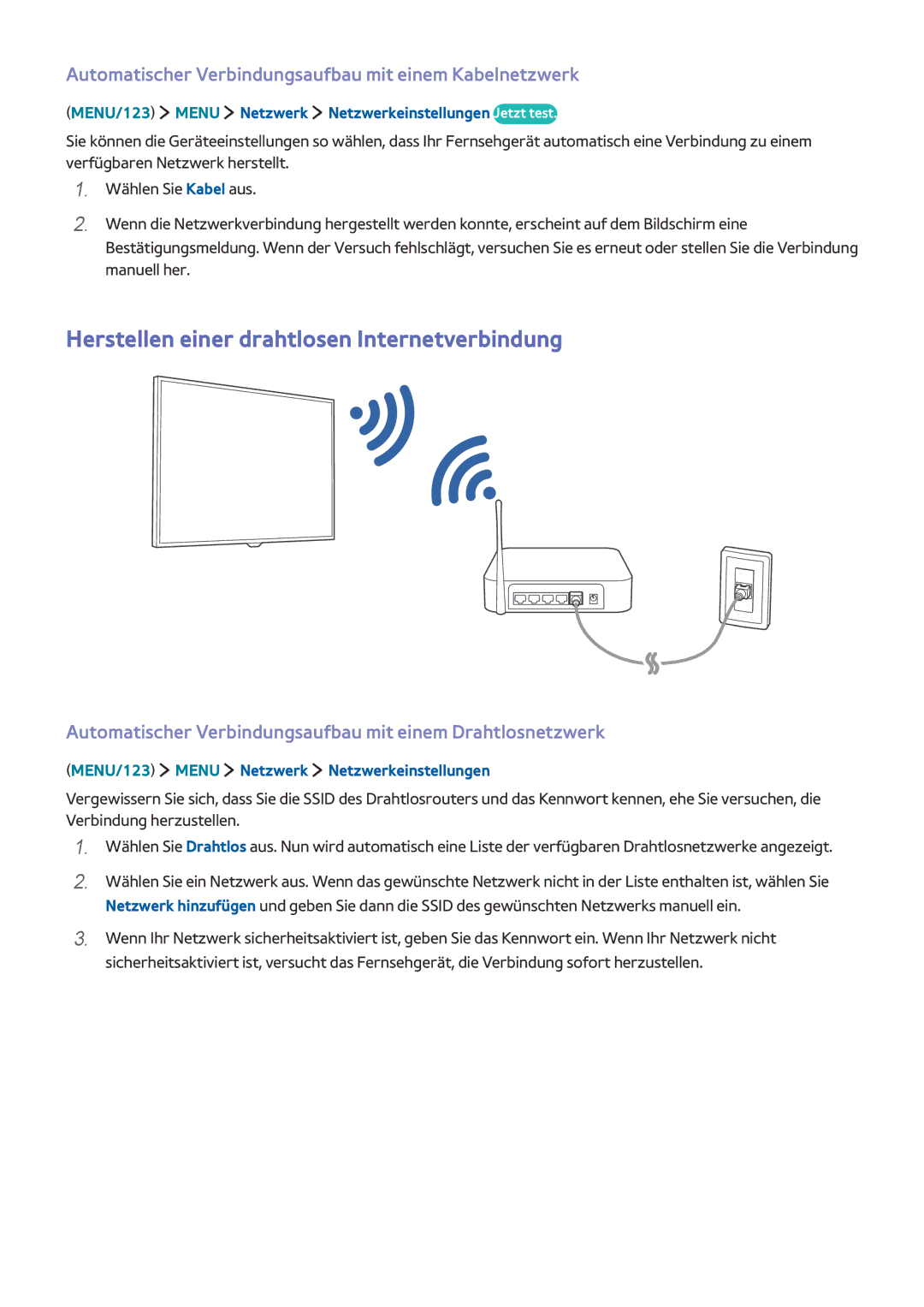 Samsung UE48JS9000TXZF, UE55JS9090QXZG, UE78JS9590QXZG, UE65JS9590QXZG manual Herstellen einer drahtlosen Internetverbindung 