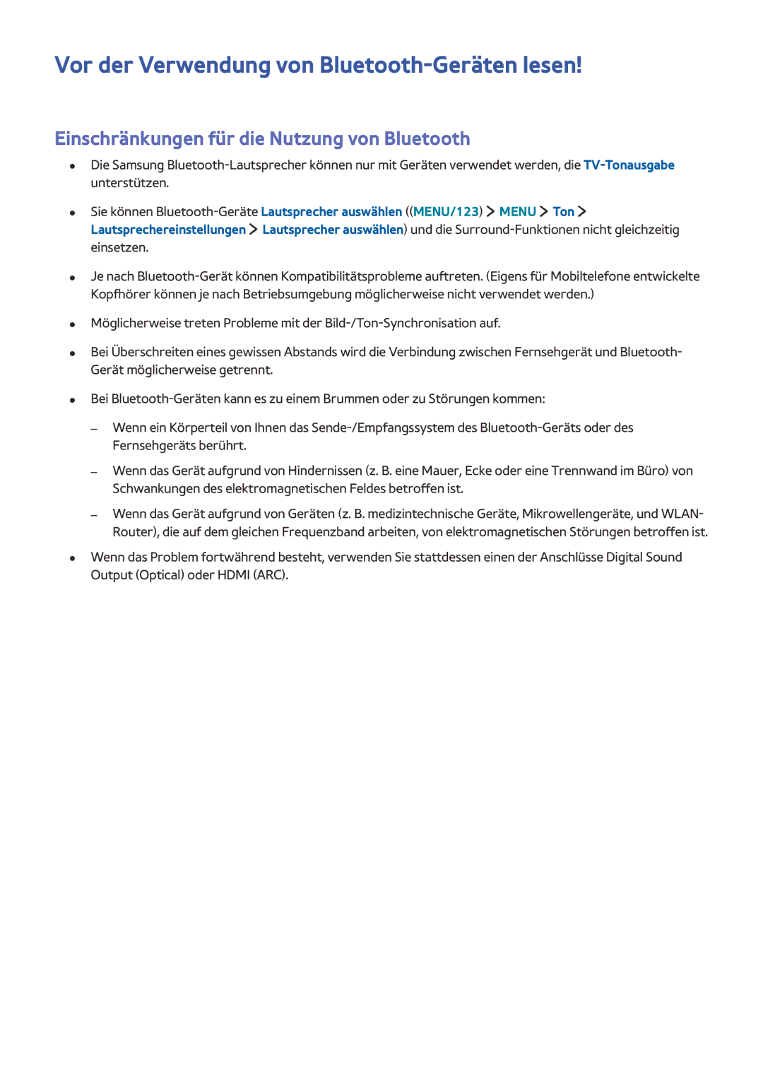 Samsung UE78JS9500TXTK manual Vor der Verwendung von Bluetooth-Geräten lesen, Einschränkungen für die Nutzung von Bluetooth 