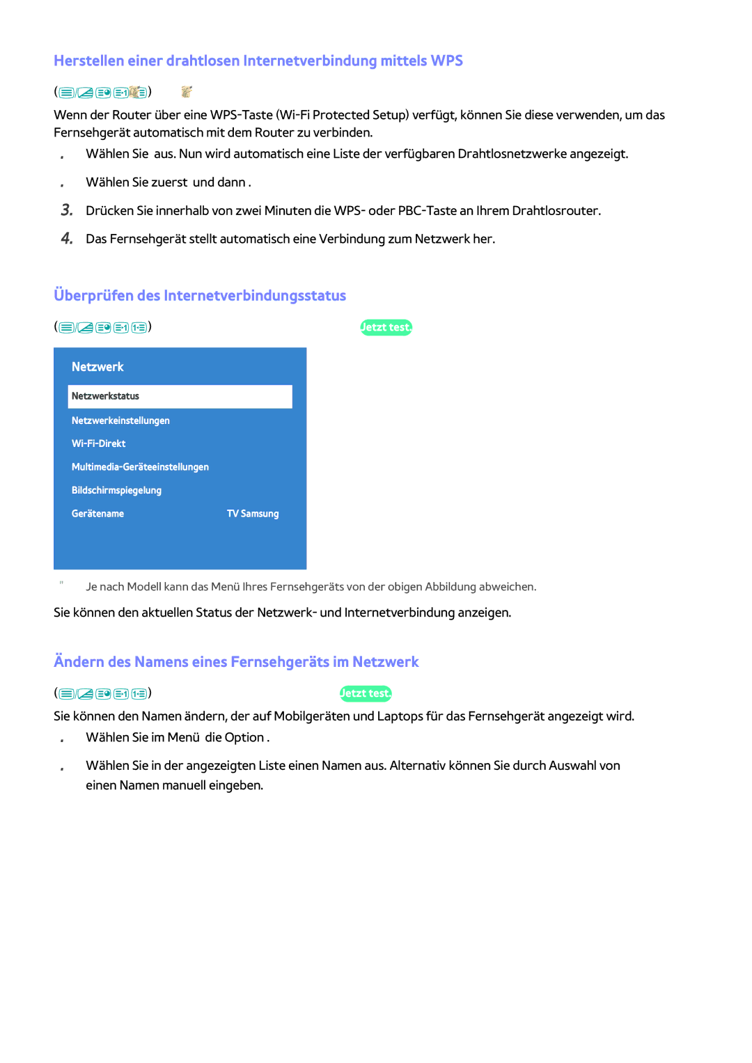 Samsung UE65JS9500TXZF, UE55JS9090QXZG, UE78JS9590QXZG manual Herstellen einer drahtlosen Internetverbindung mittels WPS 