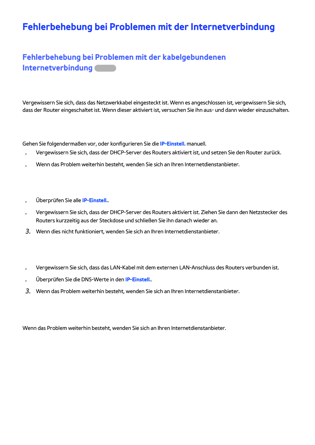 Samsung UE78JS9500TXZF, UE82S9WAQXZG Fehlerbehebung bei Problemen mit der Internetverbindung, Kein Netzwerkkabel gefunden 