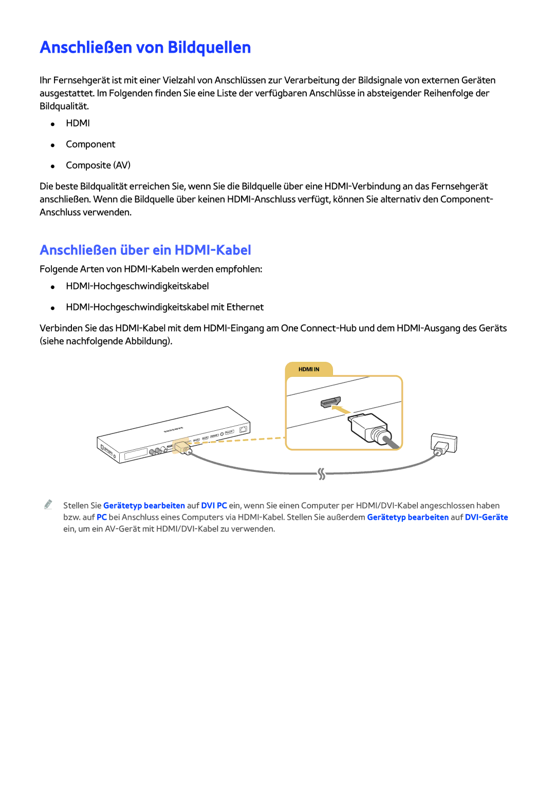 Samsung UE78JS9590QXZG, UE55JS9090QXZG, UE65JS9590QXZG manual Anschließen von Bildquellen, Anschließen über ein HDMI-Kabel 