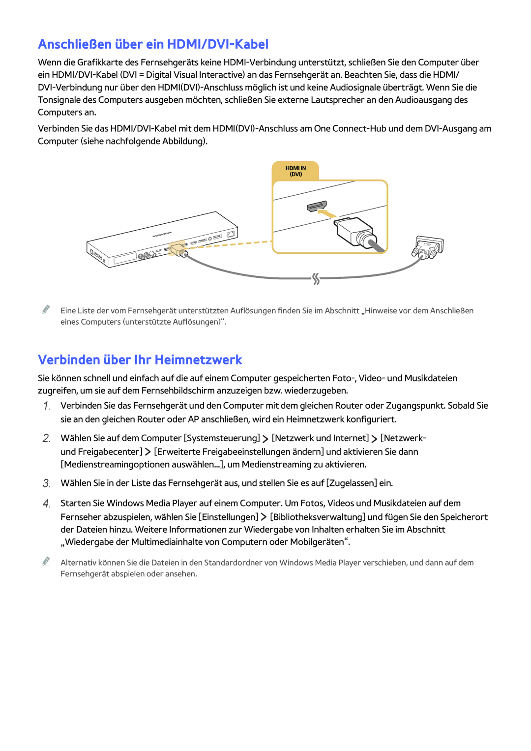 Samsung UE55JS9080QXZG, UE55JS9090QXZG, UE78JS9590QXZG Anschließen über ein HDMI/DVI-Kabel, Verbinden über Ihr Heimnetzwerk 