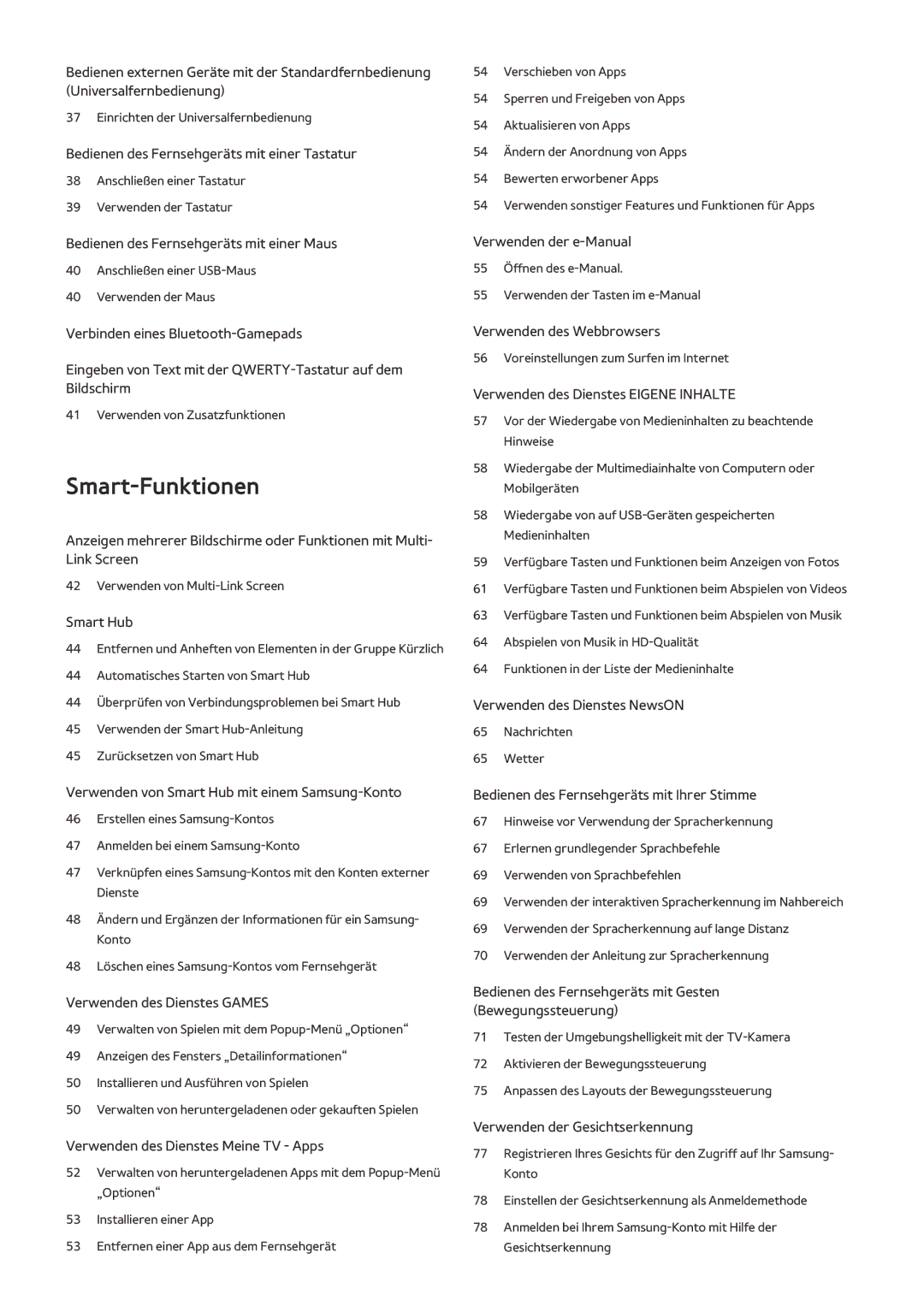 Samsung UE55JS9000LXXH, UE55JS9090QXZG, UE78JS9590QXZG, UE65JS9590QXZG, UE65JS9080QXZG, UE65JS9000TXXC manual Smart-Funktionen 