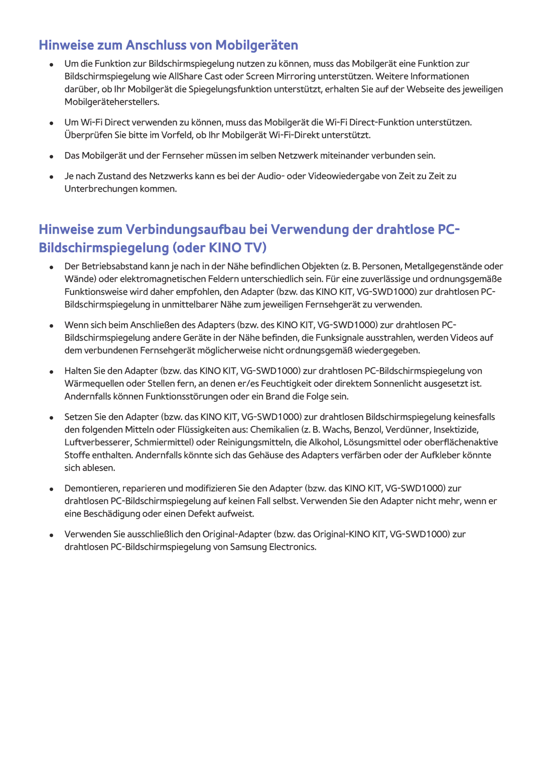 Samsung UE48JS9000LXXH, UE55JS9090QXZG, UE78JS9590QXZG, UE65JS9590QXZG, UE82S9WAQXZG Hinweise zum Anschluss von Mobilgeräten 