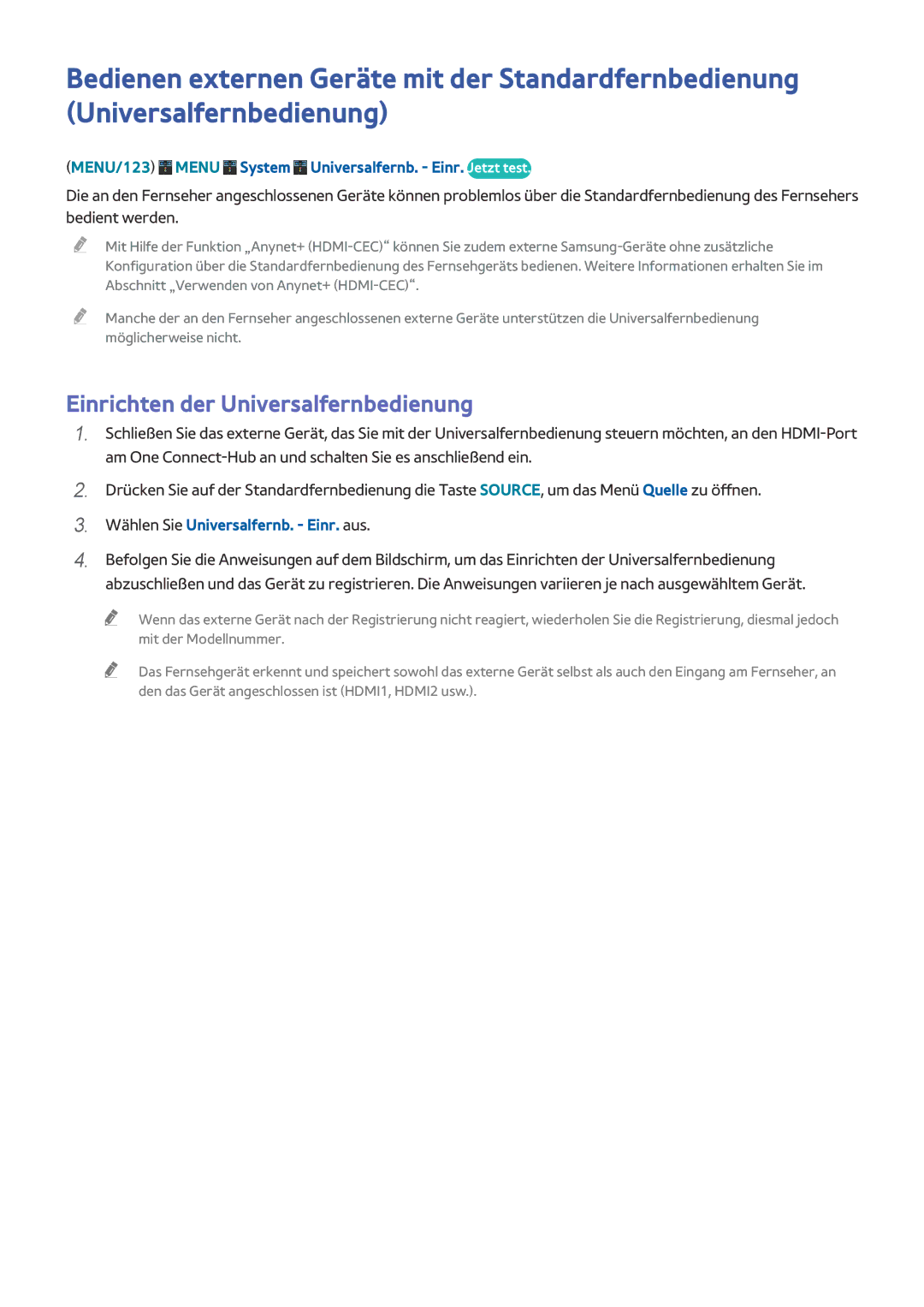 Samsung UE65JS9500TXZF manual Einrichten der Universalfernbedienung, MENU/123 Menu System Universalfernb. Einr. Jetzt test 