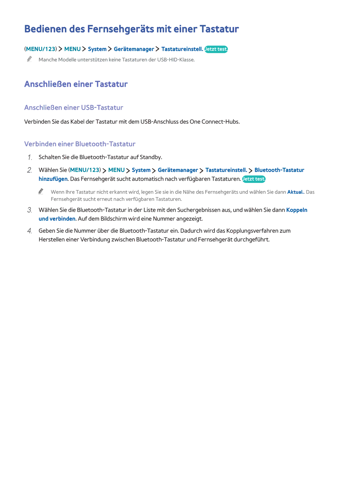 Samsung UE55JS9000TXZF, UE55JS9090QXZG manual Bedienen des Fernsehgeräts mit einer Tastatur, Anschließen einer Tastatur 