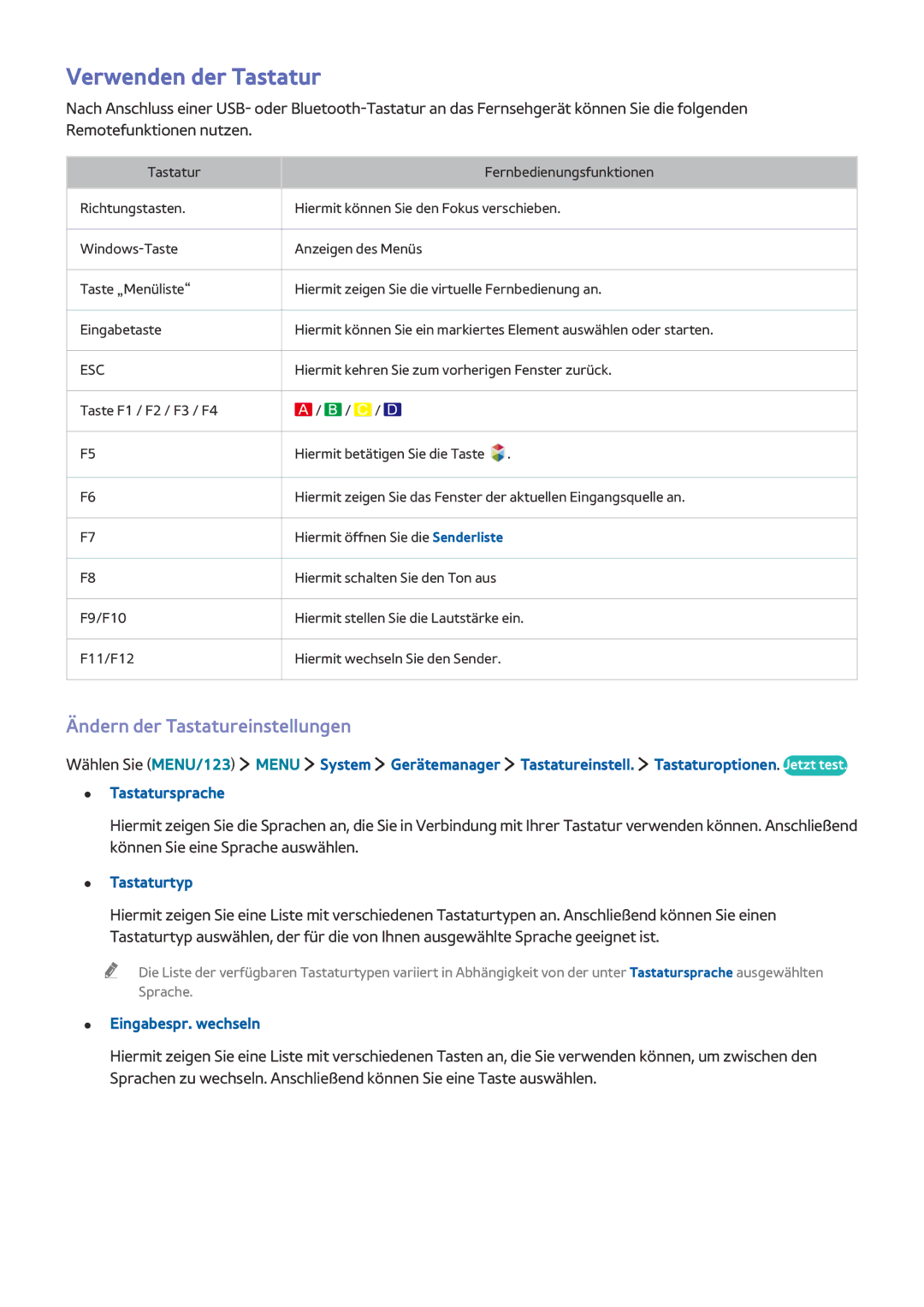 Samsung UE78JS9500TXZF manual Verwenden der Tastatur, Ändern der Tastatureinstellungen, Tastaturtyp, Eingabespr. wechseln 