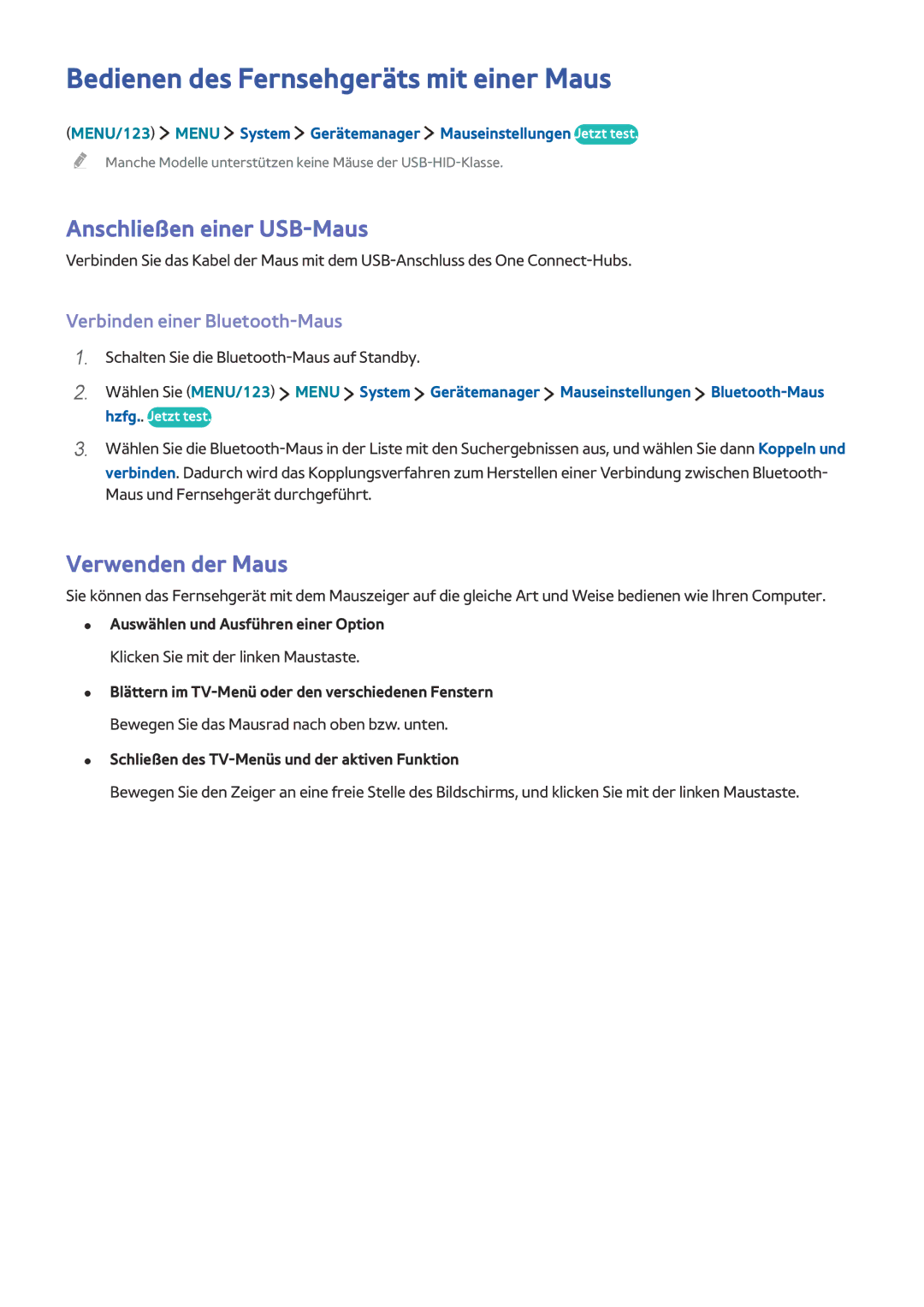 Samsung UE55JS9090QXZG manual Bedienen des Fernsehgeräts mit einer Maus, Anschließen einer USB-Maus, Verwenden der Maus 