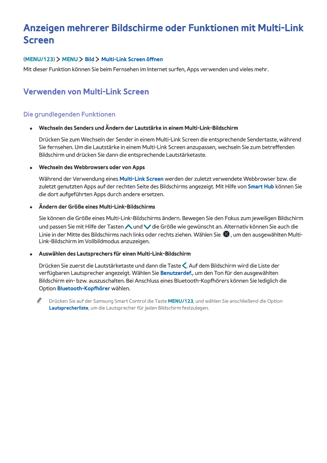 Samsung UE65JS9590QXZG, UE55JS9090QXZG, UE78JS9590QXZG manual Verwenden von Multi-Link Screen, Die grundlegenden Funktionen 