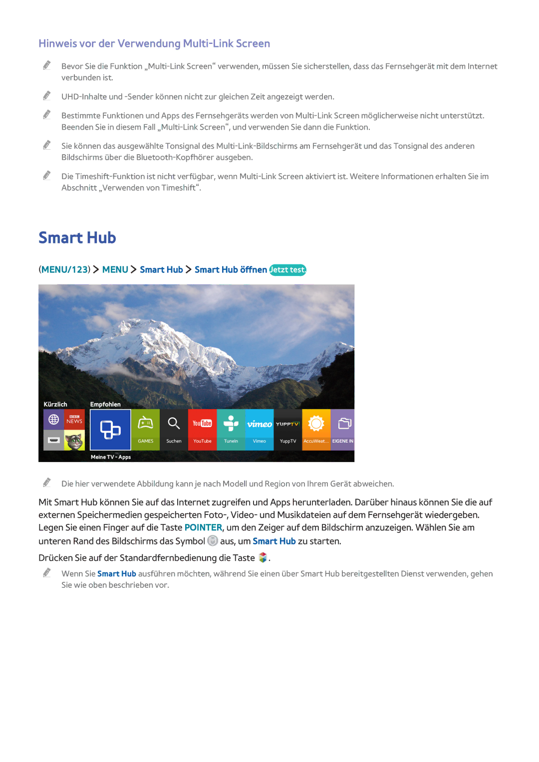Samsung UE55JS9000LXXH, UE55JS9090QXZG, UE78JS9590QXZG, UE82S9WAQXZG Smart Hub, Hinweis vor der Verwendung Multi-Link Screen 