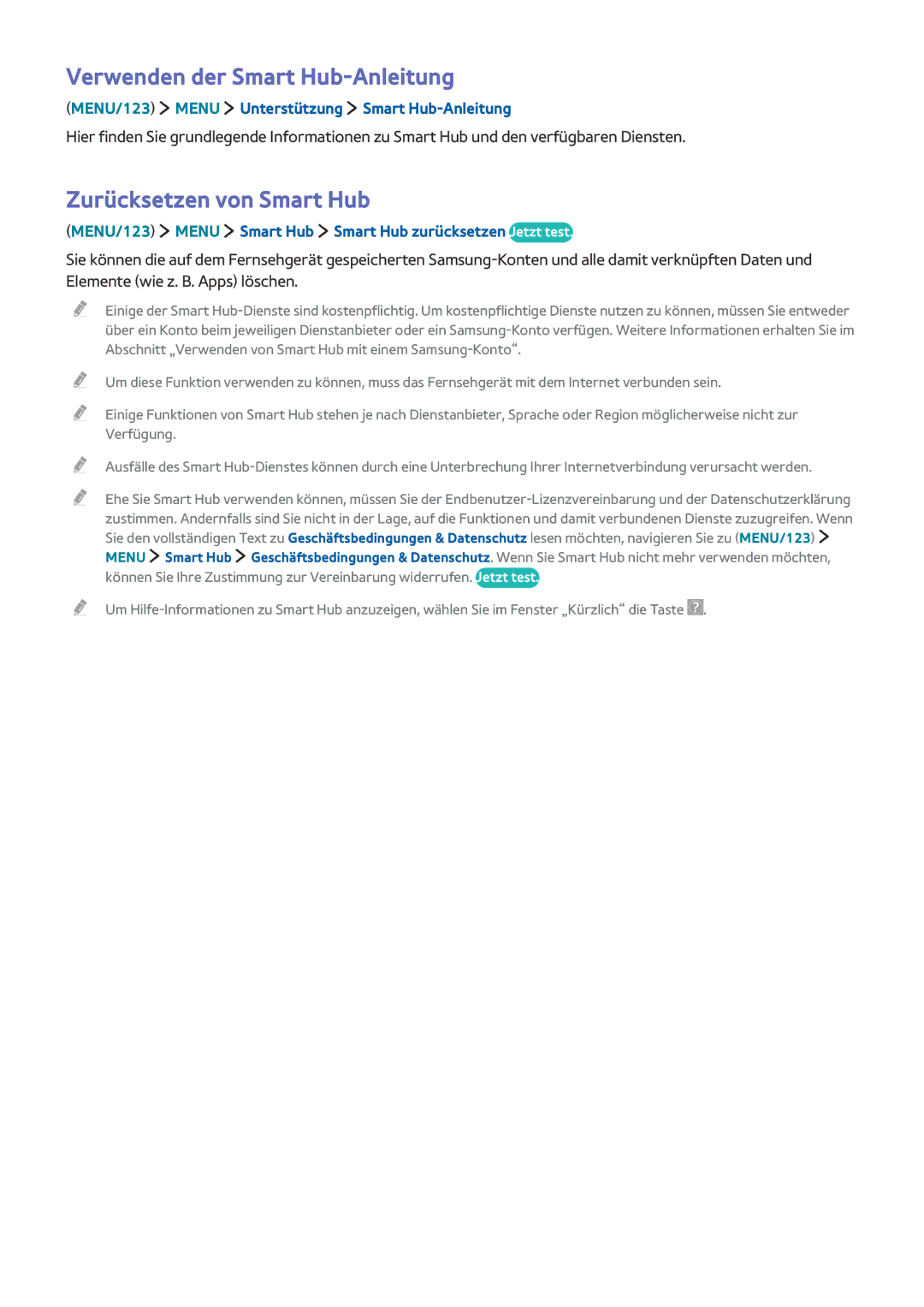 Samsung UE65JS9000TXXC, UE55JS9090QXZG, UE78JS9590QXZG manual Verwenden der Smart Hub-Anleitung, Zurücksetzen von Smart Hub 