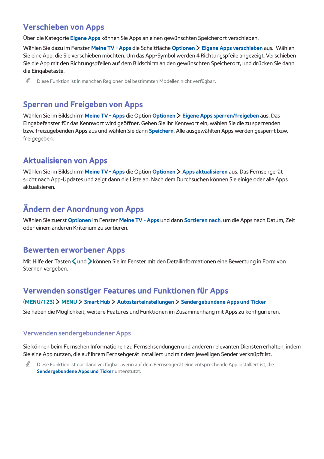 Samsung UE48JS9000LXXH, UE55JS9090QXZG manual Verschieben von Apps, Sperren und Freigeben von Apps, Aktualisieren von Apps 
