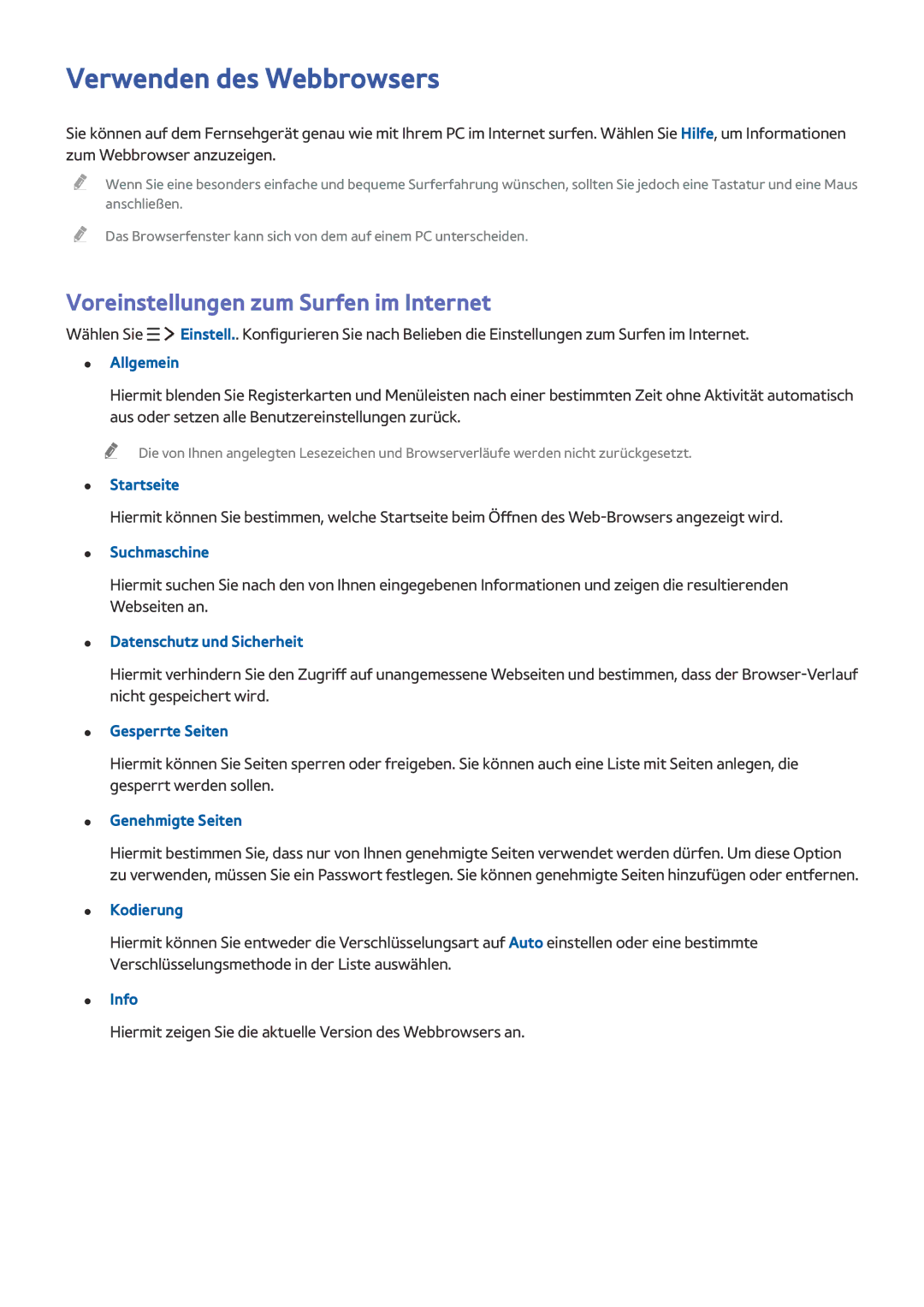 Samsung UE65JS9000TXTK, UE55JS9090QXZG, UE78JS9590QXZG Verwenden des Webbrowsers, Voreinstellungen zum Surfen im Internet 