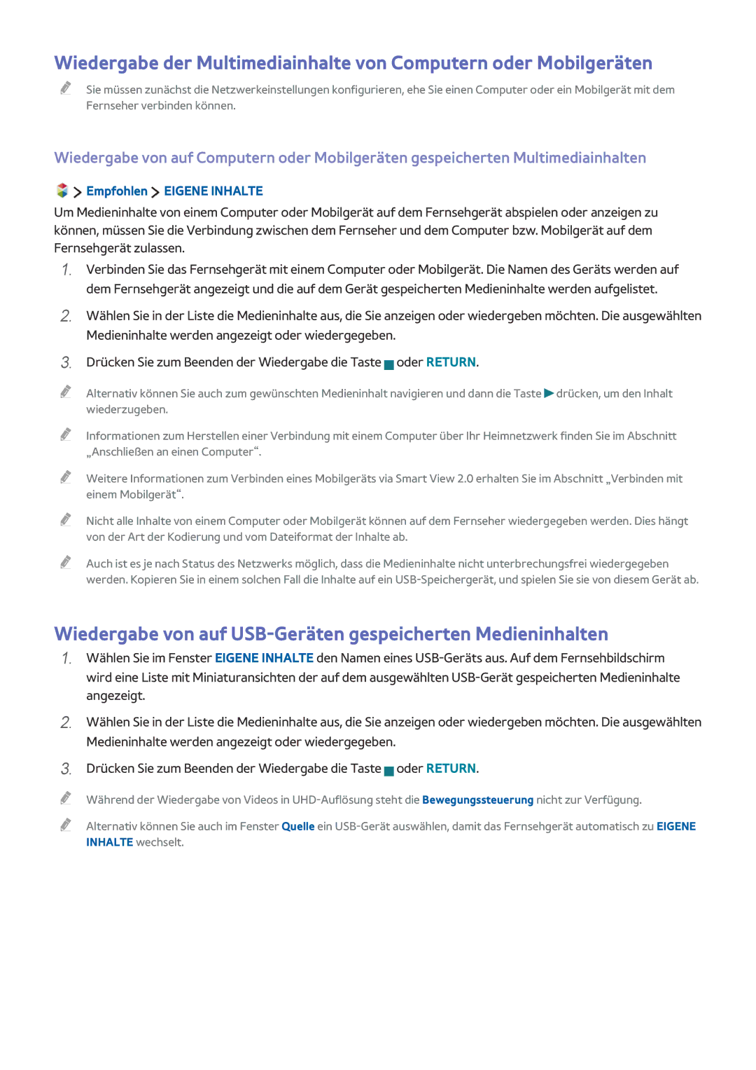 Samsung UE65JS9500LXXH, UE82S9WAQXZG Wiedergabe von auf USB-Geräten gespeicherten Medieninhalten, Empfohlen Eigene Inhalte 