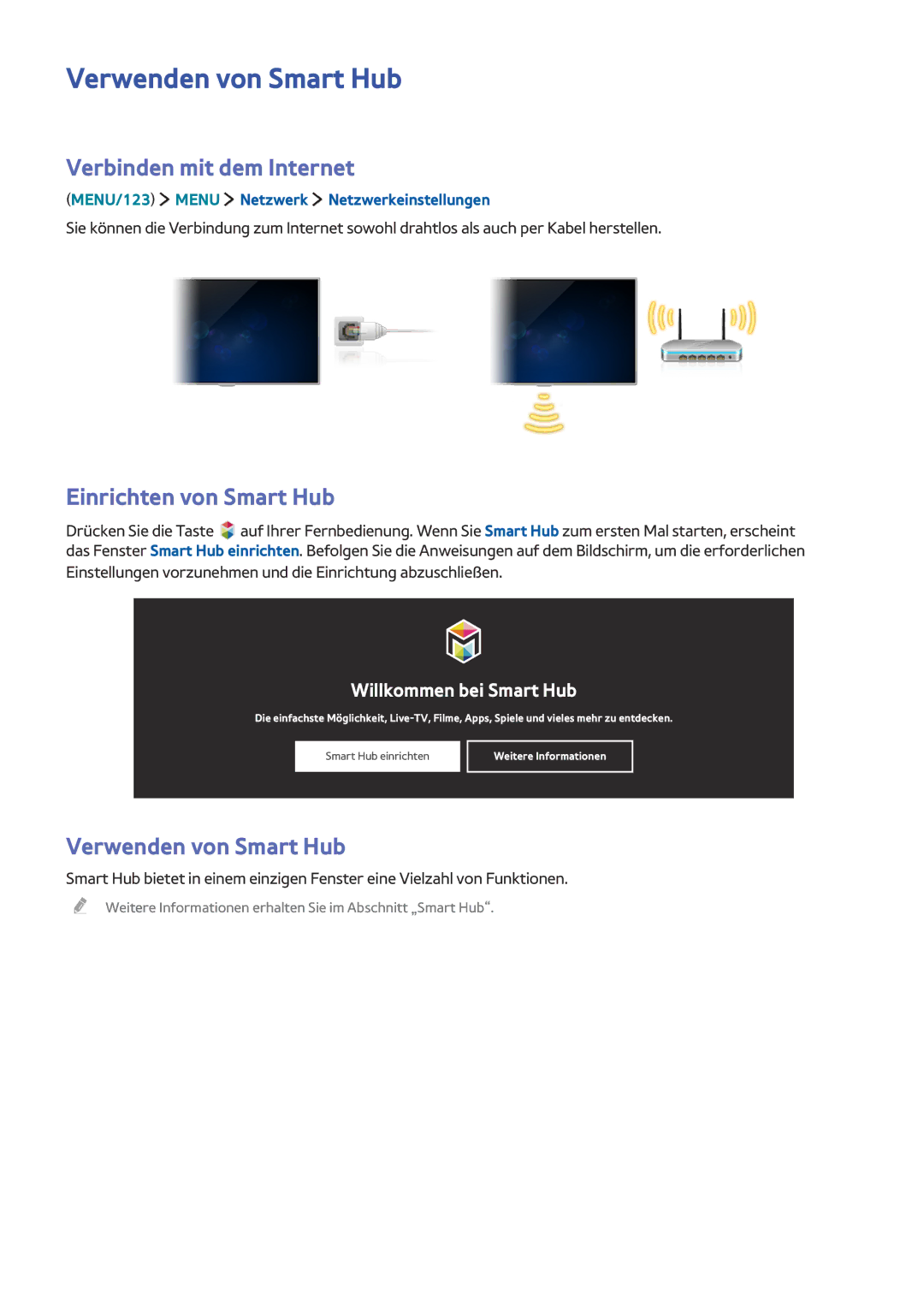 Samsung UE65JS9000LXXH, UE55JS9090QXZG manual Verwenden von Smart Hub, Verbinden mit dem Internet, Einrichten von Smart Hub 