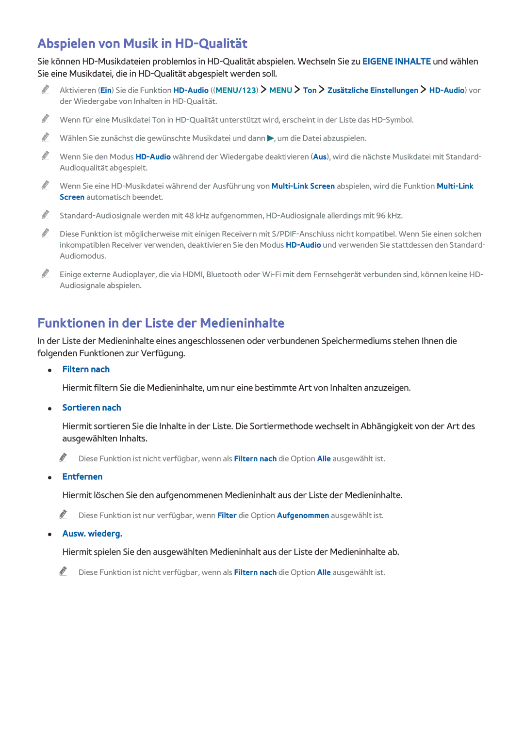 Samsung UE78JS9590QXZG, UE55JS9090QXZG manual Abspielen von Musik in HD-Qualität, Funktionen in der Liste der Medieninhalte 
